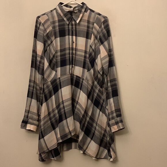 Vintage America navy pink white plaid tunic with rollable sleeves Size L NWT - Picture 2 of 9